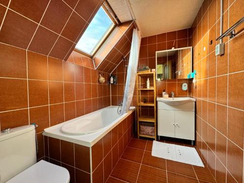 a bathroom with a tub and a toilet and a window at Gusterita Hideaway in Sibiu