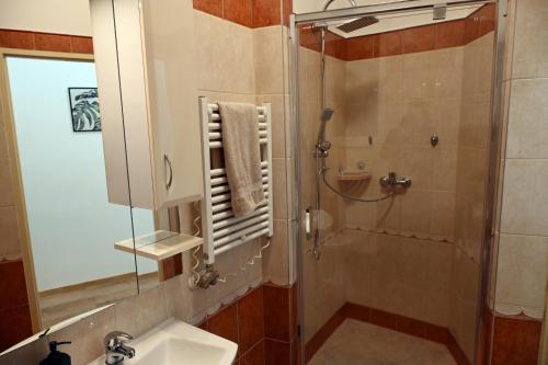 ニーレジハーザにあるPalatini Apartmanのシャワー、洗面台、鏡を備えたバスルーム