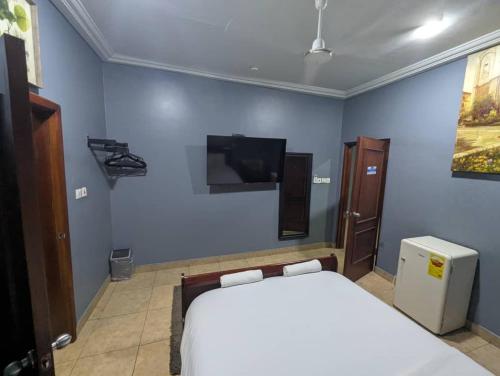 a bedroom with a bed and a tv on the wall at Bluegreen Guest House in Accra