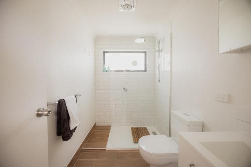 Surveyors BayにあるThe Beach Box at Big Roaring Beach Tasmaniaのトイレと洗面台を備えた白いバスルーム