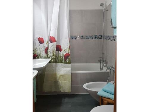 a bathroom with a shower curtain with red tulips at Holiday apartment Constantin in Davos