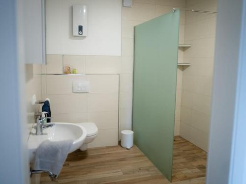 a bathroom with a sink and a glass shower door at Apartment with 1 bedroom in Einruhr