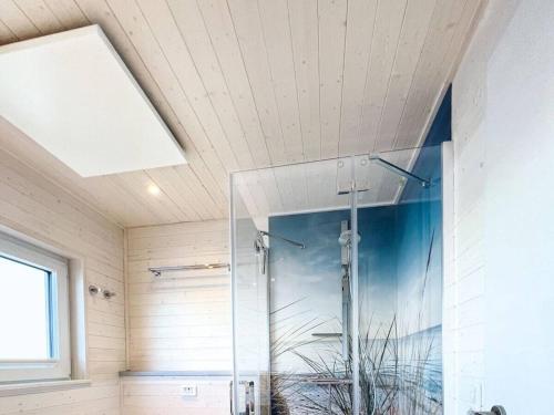 een douche met een glazen deur in een badkamer bij Houseboat STERN V in Heiligenhafen