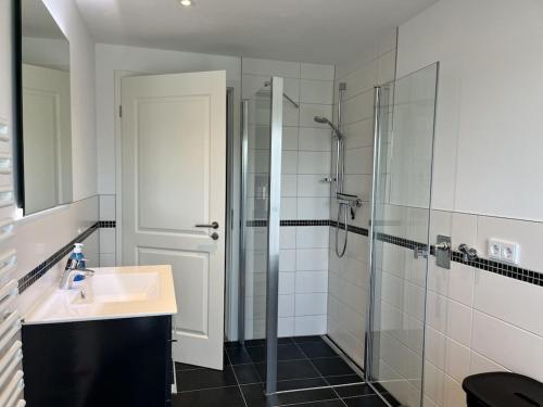een badkamer met een wastafel en een glazen douche bij Penthouse sea view in Lauterbach