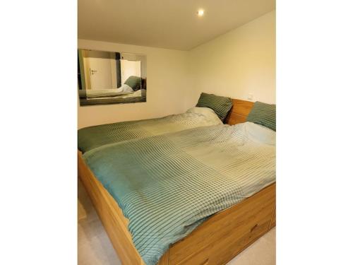 een slaapkamer met twee bedden en een spiegel bij Holiday home Littard in Rheurdt