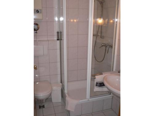 a bathroom with a shower and a toilet and a sink at 2 Weinhaus Marmann in Osann-Monzel