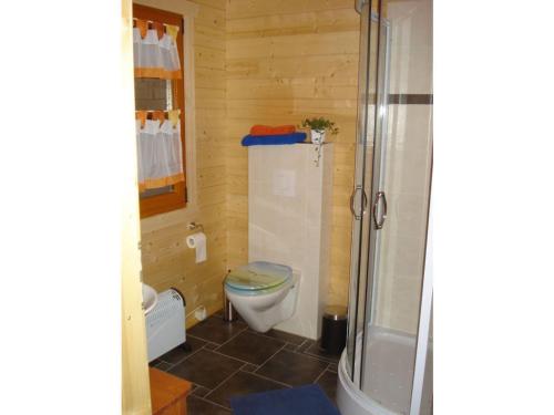 een kleine badkamer met toilet en douche bij Log cabin garden in Rabenau