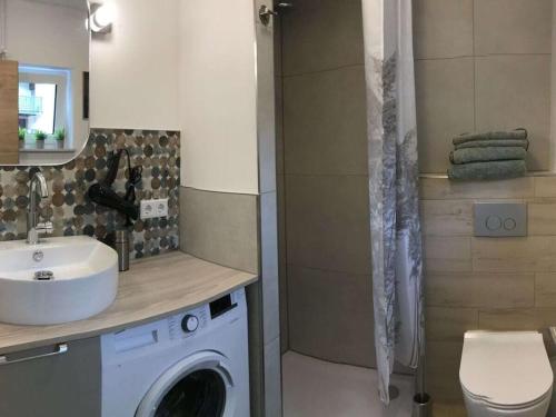 a bathroom with a washing machine and a sink at Holiday apartment with 1 bedroom in Oberbach
