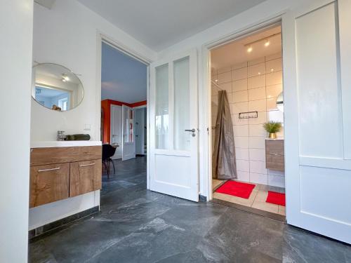 een badkamer met douche, wastafel en spiegel bij Landzicht in Haps