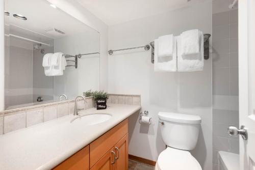 a bathroom with a sink and a toilet and a mirror at Cozy 1BR, steps from Creekside Gondola by Harmony Whistler Vacations in Whistler