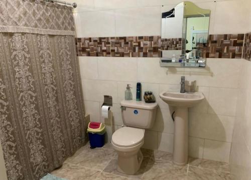 een badkamer met een toilet, een wastafel en een douche bij Tu Casa En Pedernales in Pedernales