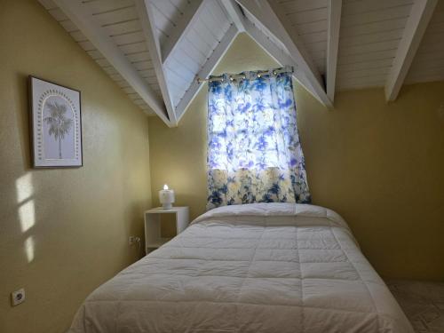 a bedroom with a bed and a window with a curtain at Beach Front Apartment & Car Rental in Baie Nettle