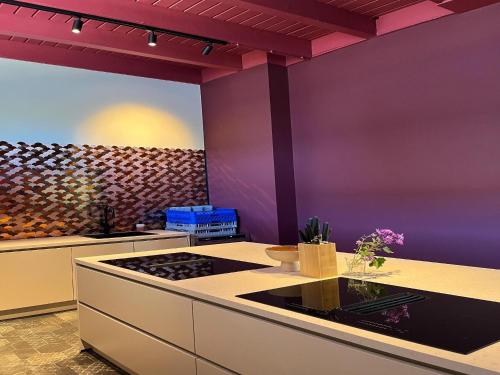 a kitchen with purple walls and a stove top oven at Group accommodation for 36 guests in Scherpenzeel