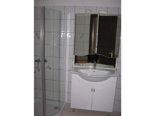 um banheiro branco com pia e chuveiro em Berg Castle Klösterle em Zedlitzdorf