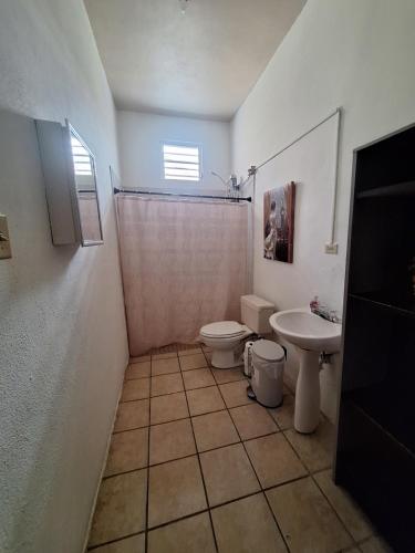 a bathroom with a toilet and a sink at Humacao Guest House 4 in Humacao