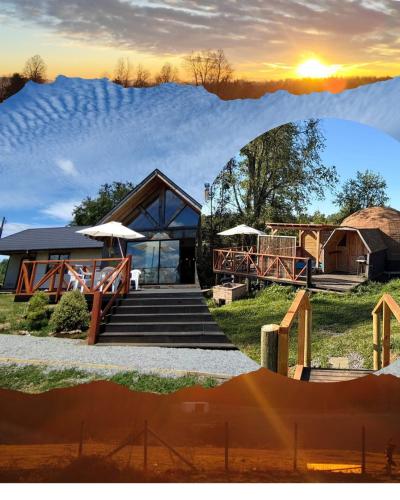 a collage of two photos of a building with a sunset at Hostal y Domos Bello Horizonte in Villarrica