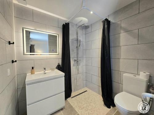 a bathroom with a toilet and a sink and a shower at Maison en pierres au cœur du Périgord, 10 personnes, charme authentique - FR-1-616-508 in LʼAir