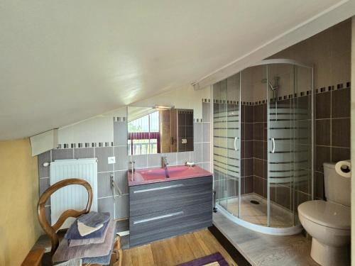 y baño con lavabo rosa y aseo. en Gîte Confortable à Saint-Sulpice-d'Excideuil avec Internet - FR-1-616-533, en Fonvielle