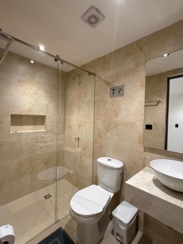 Un baño con inodoro, ducha y lavabo. en Arcadia Hotel, en Cartagena de Indias