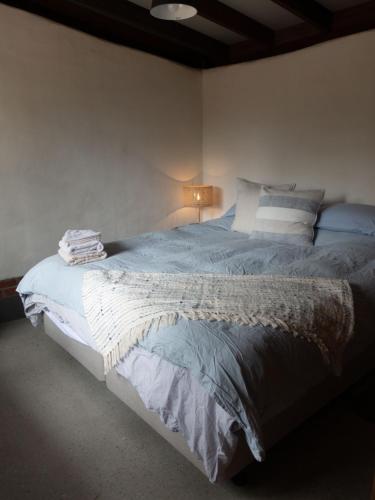 Cob Cabin - Sacred Earth Farm في Pumpenbill: غرفة نوم بها سرير كبير في الغرفة