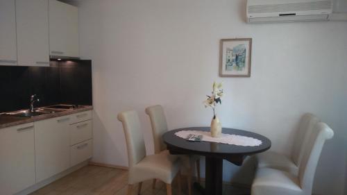 a kitchen with a table and chairs and a table and a kitchen at Vila Ema Apartments and Rooms in Ljubljana