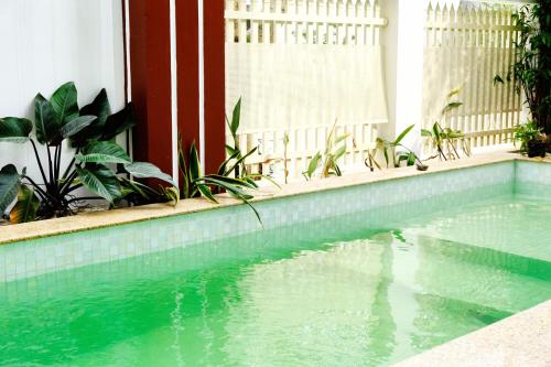 ein Swimmingpool mit grünem Wasser in einem Haus in der Unterkunft Anna Home Ninh Binh in Kỳ Vĩ