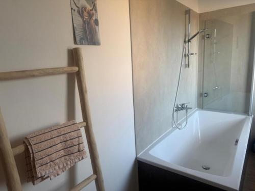 bagno con doccia e vasca bianca di Ferienwohnung "Frieda" a Helsinghausen
