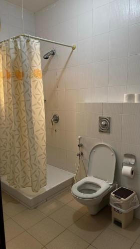 a bathroom with a toilet and a shower with a shower curtain at Qantab Village Stay in Qantab
