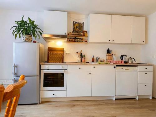 a kitchen with white cabinets and a white refrigerator at Moderne EG-Altbau-Ferienwohnung in Herrnhut in Herrnhut