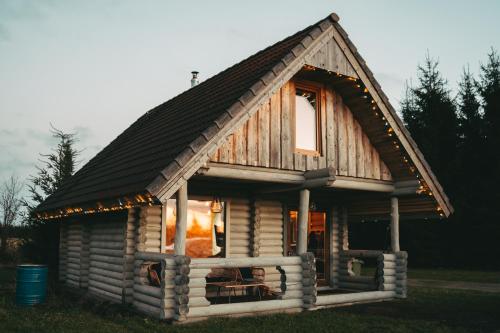 a log cabin with a dark roof at Romantic stay at loghouse VäikeTeeMaja in Üksnurme