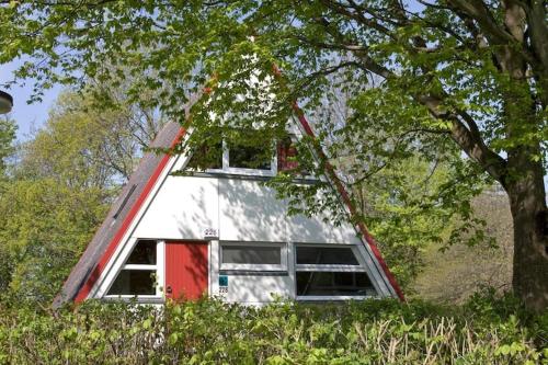 a red and white house in the middle of a tree at Ferienhaus im Ostseeresort Dampland in perfekter Lage in Damp