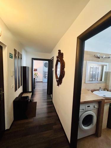 a bathroom with a sink and a washing machine at Zuzu’s home in Râşnov