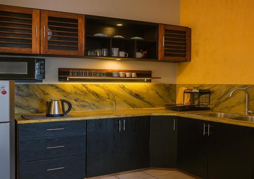 Una cocina con gabinetes negros y encimera. en Villa Kaba, en Bamako