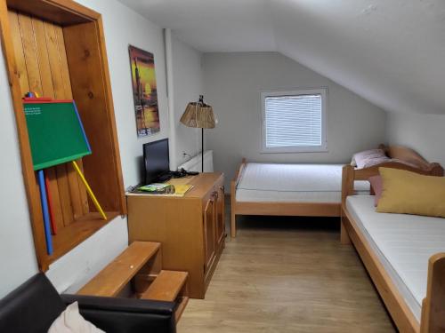 Habitación pequeña con cama y escritorio con TV. en Vila Dolina Mira pored Jerme, en Gradište