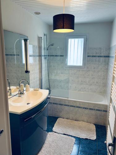 a bathroom with a sink and a shower and a tub at Le HAMEAU 1936 Gîte des Milanaïs in Cherveux
