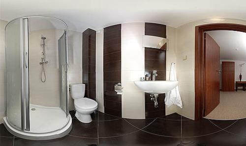 La salle de bains est pourvue d'un lavabo, de toilettes et d'une douche. dans l'établissement Pensjonat Gieland koło Mrągowa, à Sorkwity