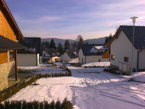 a snow covered street in a village with houses at Residence Lipno in Lipno nad Vltavou