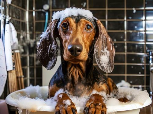Un perro en una bañera con nieve en la cabeza. en Chateau isigny ღ séjour romantique ღ charm ღ getaway, en Isigny-le-Buat