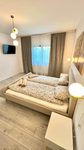 a bedroom with a large bed and a window at Bálint Apartman 1 in Valea Strîmbă