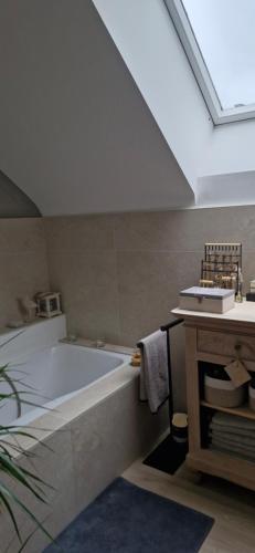 een badkamer met een ligbad en een dakraam bij Chez Isa in Malmedy