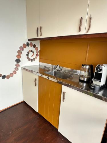 a kitchen with a sink and a counter top at Pandora Cottage Beachfront in Raglan