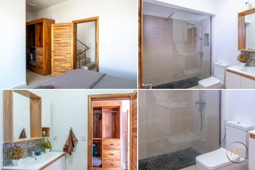 a bathroom with a shower and a toilet and a sink at Azure 4 Bedrooms Haven Retreat: Where Tranquility Meets Turquoise Waters, Flic en Flac Mauritius in Flic-en-Flac