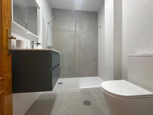 a bathroom with a shower and a white toilet at apartamento Cabo de Gata in El Cabo de Gata