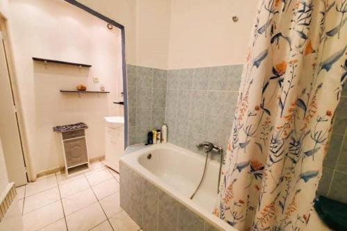 ein Badezimmer mit Badewanne und Duschvorhang in der Unterkunft L'Occitane Maison de village climatisée in Lapalme