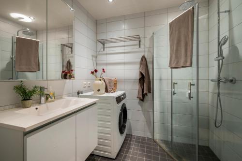 Midtbyen Apartment في تروندهايم: حمام مع مغسلة وغسالة ملابس