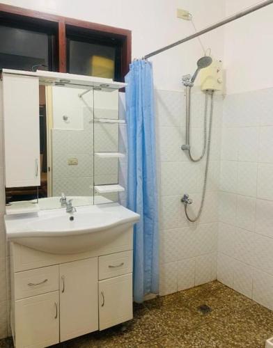 a bathroom with a sink and a shower at Oceanfront Scuba Villa in Moalboal