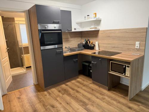 una cucina con frigorifero nero e lavandino di Nature Retreat Ober-Mörlen a Ober-Mörlen