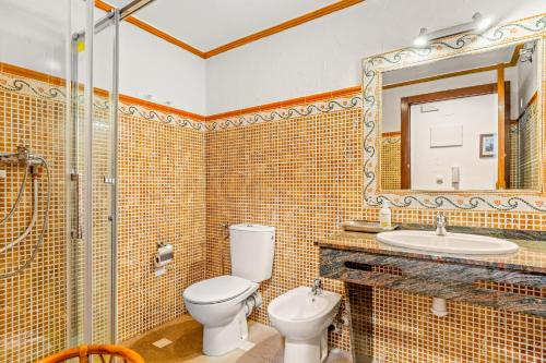 a bathroom with a toilet and a sink and a mirror at Unique hotel apartment 1-2 in Torrevieja