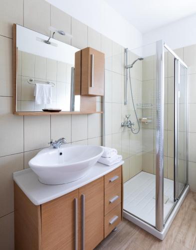 a bathroom with a sink and a shower at Thanelli in Georgoutsátika