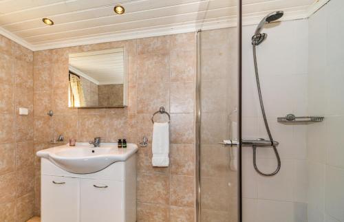 a bathroom with a sink and a shower at Amalthia Cottage in Vathi, Ithaka